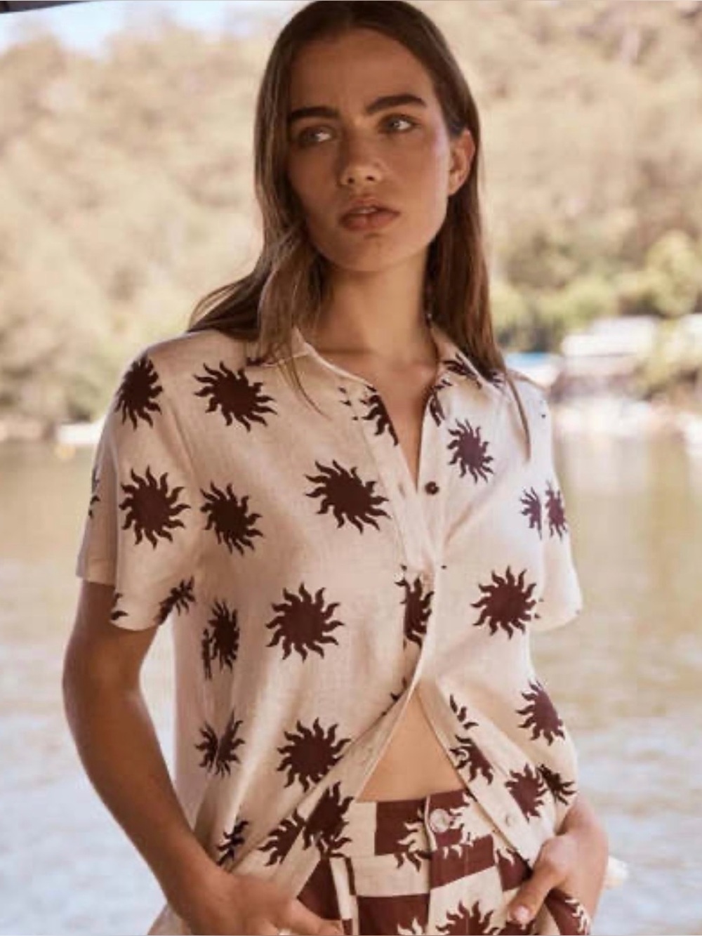 Little Lies Cream Shirt with Brown Print XS